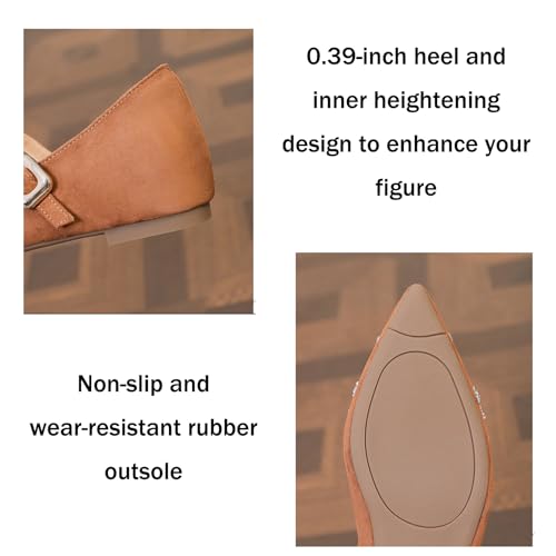 Women's Suede Rhinestone Decorated Flat-Soled Shallow Mary Jane Shoes Elegant Pointed Toe Heightened Non-Slip Party, Date Retro Shallow Shoes with Buckle Strap4