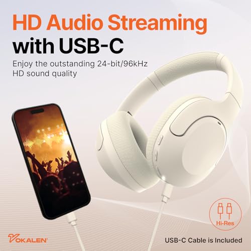 Image of VOKALEN Hyper Pro Adaptive Active Noise Cancelling Headphones, Wireless Bluetooth Over Ear Headphones with mic, 60H Playtime, Comfort Mesh Ear Cushions, Deep Bass Hi-Res Audio, Custom EQ (Ivory White)