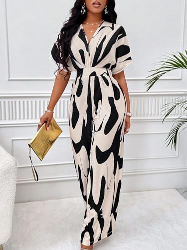 Image of PerZeal Women's V-Neck Short Sleeve Printed Jumpsuit with Pockets - Casual Wide Leg One-Piece Romper for Summer（S-XXL）