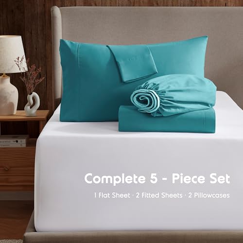 Image of Nestl Split King Bed Sheet Set - Teal - 5-Piece Deep Pocket | Instantly Soft, Night-One Ready (No Wash Required). Fits 16-Inch Deep Pockets, 360-Degree Elastic Grip