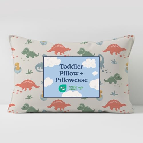 Toddler Pillow with Dinosaur Microfiber Pillowcase - 13x18 Small Kids Pillow for Sleeping, Travel, Car, Nursery & Toddler Bed - Soft & Fluffy - Ideal for Crib & Cot - Machine Washable - Ages 2 and Up