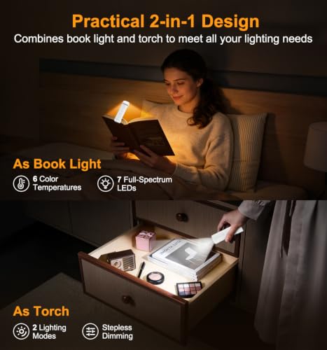 Gritin Leselampe Buch Klemme mit Taschenlampe, 1000mAh Buchlampe Aufladbar – Ansicht 2