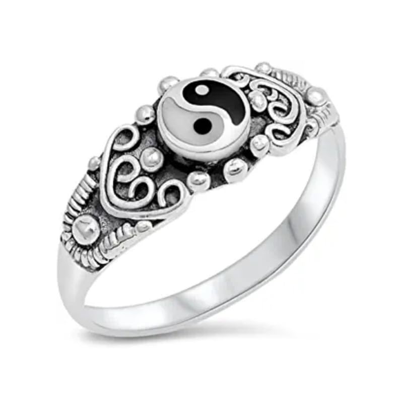 Anillo de plata de ley 925 con diseño de corazón de Bali Ying Yang y diseño oxidado, inspirado en la vendimia, Plata de ley, Sin piedras preciosas