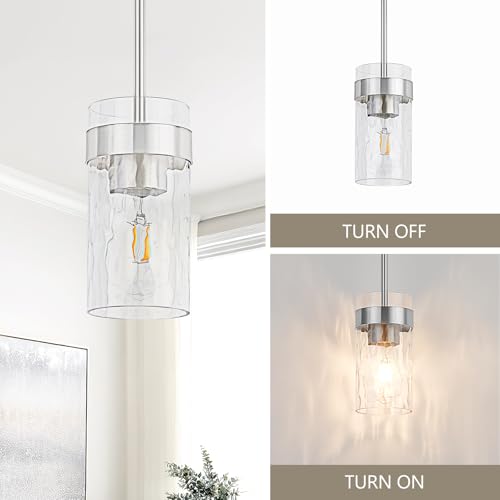 Image of Water Ripple Glass Pendant Lights Kitchen Island Brushed Nickel, 3 Pack | Adjustable Modern Mini Hanging Light for Sink Dining Room Foyer Entryway