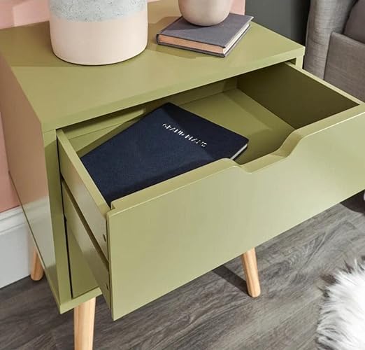 Image of Organizing Nightstand Solid Wood Legs Mid-Century Modern Bedside Table Practical and Simplistic End Side Table with Two Drawers (Green)