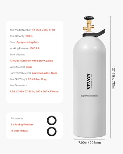 Image of VEVOR CO2 Tank, 20 lbs New Aluminum Alloy Cylinder, CO2 Air Tank with Spray Coating, CGA320 Valve, Handle & Adjustable Pressure, DOT & TC Approved Cylinder for Draft Beer Dispensing