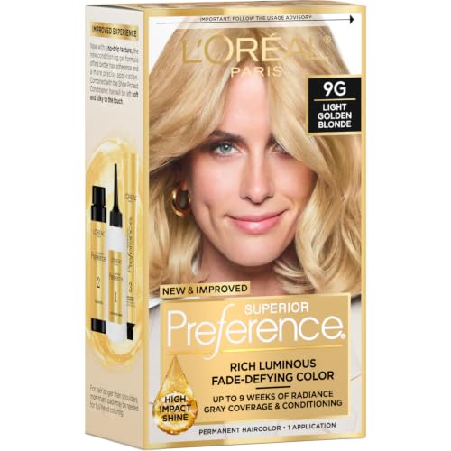 L'Oreal Paris Superior Preference Luminous Fade-Defying Permanent Hair Color, Hair Dye For Up to 9 Weeks of Radiance, Light Golden Blonde 9G, 1 Hair Dye Kit