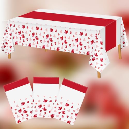 Image of Hxezoc 3 Pack Valentines Day Tablecloths, 54 x 108 Inch Disposable Heart Plastic Table Cover for Girls Kids Valentines Birthday Baby Shower Party Decorations Outdoor Indoor Party Supplies