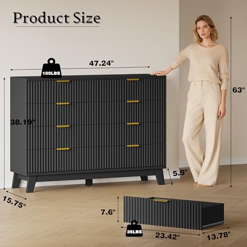 Image of BORNOON Fluted 8 Drawer Tall Dresser, 47.2 inch Wide Modern Boho Chest of Drawers, Wooden Storage Dresser TV Stand for Bedroom, Living Room, Closet, Hallway, Curved Profile Design