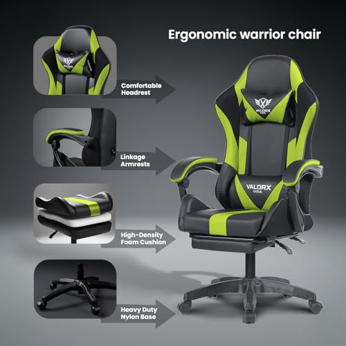Image of Warrior Edition Gaming & Office Ergonomic Chair | Vegan Leather | High Back 135 Recliner | Adjustable Height & Linkage Armrest | Lumbar Support | 360 Swivel | 3 Year Warranty, Neon Green