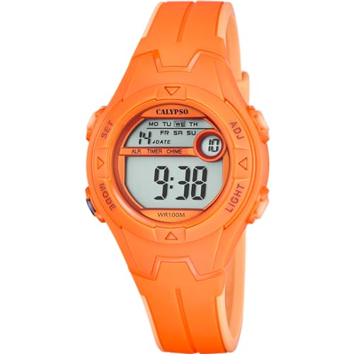 CALYPSO Reloj Digital Infantil Niño Niña de Caucho Naranja - Resistente al Agua 10 ATM Fecha y Calendario, Cronógrafo, Doble Horario, Luz, Alarma, 12 y 24 Horas K5849/4 - Junior Collection