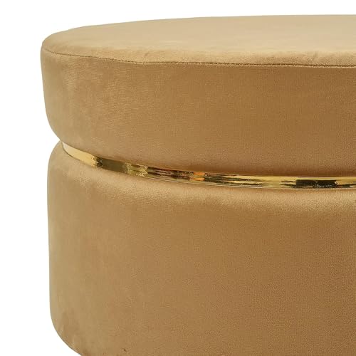 Image of Living Room Round Wooden Velvet Ottoman with Footrest and Linen Fabric Padded Seat Pouffe Ottoman with Round Shape and Office Stool- Beige