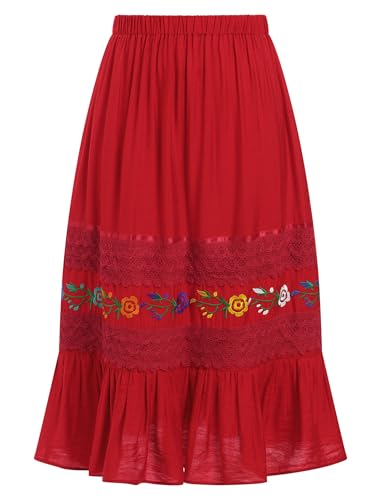 ABAFIP Women's Mexican Floral Embroidery Lace Elastic High Waist Ruffle A-Line Midi Skirt Traditional4