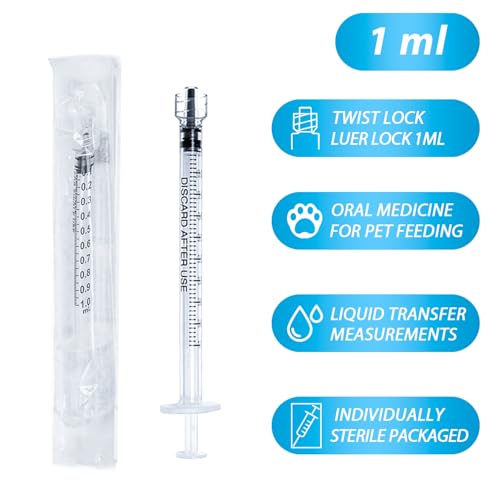 Image of 50 Pack 1mL Luer Lock Syringe No Needle, Sterile Individually Wrapped | Clear Plastic, Twist-On Luer Lock, for Pet Feeding, Lab Use, Liquid Transfer, Easy Dosing