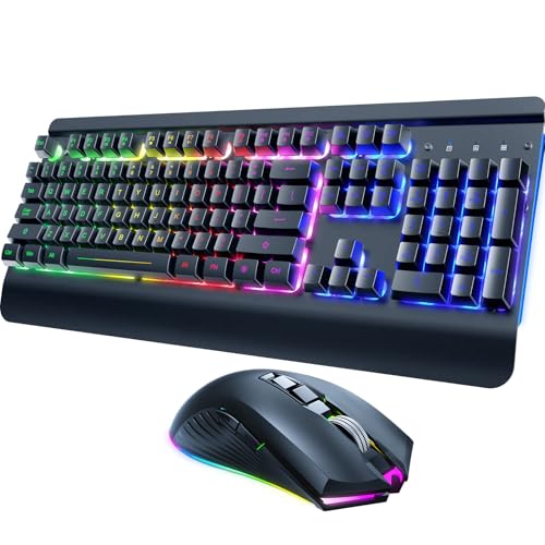 RisoPhy Wireless Gaming Keyboard and Mouse Combo, Metal Panel, 7 Color Backlits, Rechargeable 3200...
