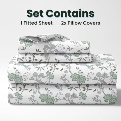 Image of LORETO - A QUALITY LINEN BRAND 144 TC 100% Pure Cotton King Size Fitted Bedsheet with 2 Pillow Covers for 72 x 72 Inch Mattress, All-Around Elastic, 8 Inch Deep Pocket, Sage Green & Silver Blooms