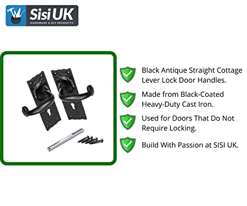 Pair of Black Antique Cottage Handle Lever Locks Hammered Victorian Lever Lock Door Handles Keyholes ON Back Plate with Spindle and Fixing Screws - Image 3