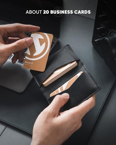 Image of VULKIT Genuine Leather Business Card Holder 2 Sided Slim Business Name Card Organizer for Men or Women, up to Hold 20 cards (Genuine Black)