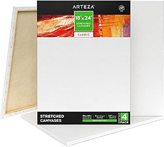Arteza Stretched Art Canvas, Pack of 4, 45.7 x 61 cm, 8 oz Gesso Primed, 100% Cotton White Blank Canvases for Acrylic Painting and Pouring