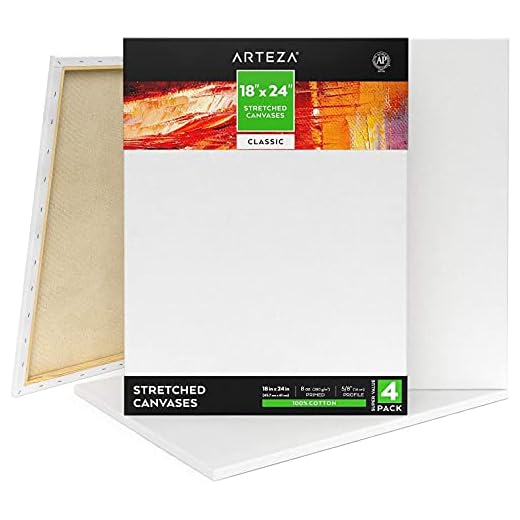 ARTEZA Lienzo para pintar cuadros | 45x70 cm | Pack de 4 | 100% algodón | Lienzos en blanco pre-estirados para acrílico, óleo, y medios húmedos | Ideales para artistas profesionales y aficionados