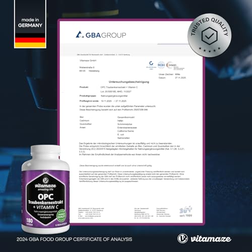 OPC Traubenkernextrakt Kapseln, zertifiziert, hochdosiert: 450 mg reines OPC, 180 Kapseln für 6 Monate, Natürliche Nahrungsergänzung ohne Zusätze, Made in Germany
