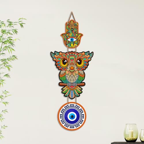 Image of Artvibes Colorful Owl Evil Eye Wall Hanging for Home Entrance | Lucky Owl Nazar Battu MDF Hanging Decor | Vastu Decorative Wall Art for Living Room | Bedroom | Office & Balcony | Gift Item (WH 8526N)