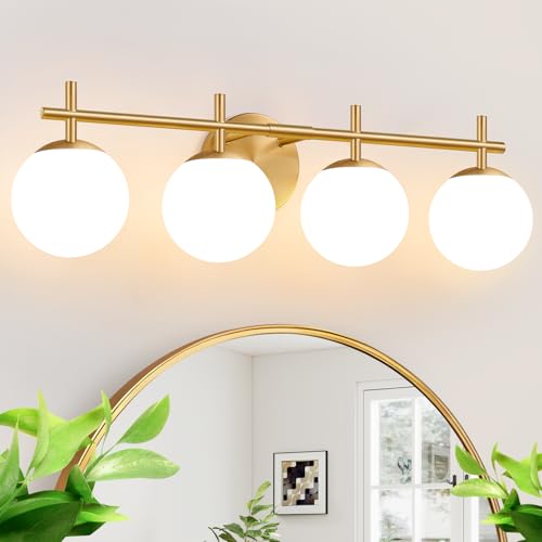 Image of MOKATNG 4-Light Bathroom Light Fixtures, Brushed Gold Vanity Lights for Bathroom with Milky White Glass Shade, Bathroom Lighting Fixtures Over Mirror, Wall Sconce for Bedroom (Bulb Not Included)