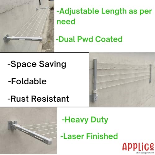 Image of APPLICE Metal Wall Mounted Foldable Cloth Drying Stand for Balcony - Heavy Duty 5 Layer (40 Feet Rope) | Wall Mount Cloth Drying Stand | Clothes Drying Hanger Stand