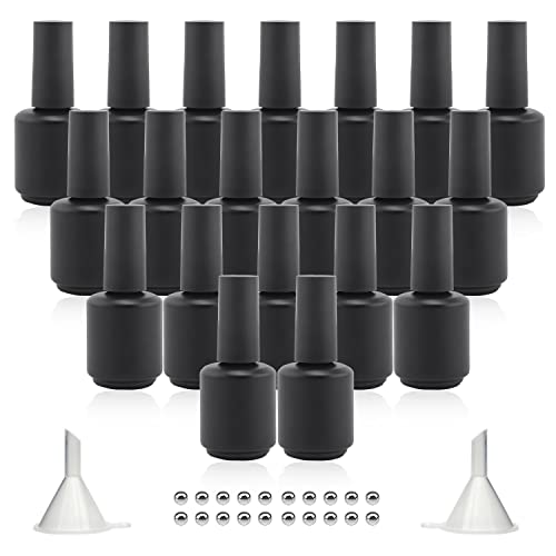 Empty Gel Nail Polish Bottles 15ML with Brush, Opaque Round Refillable Fingernail Polish Bottles UV Safe with Mixing Balls & Funnels, Pack of 20 (Matte Black)