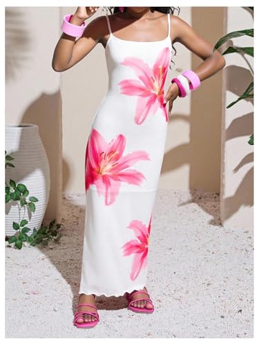 SHENHE Girl's Floral Sundress Boho Spaghetti Strap Summer Vacation Beach Bodycon Maxi Dress3