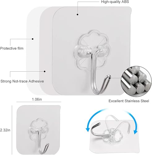 Image of Self Adhesive Heavy Duty Wall Hooks for Hanging Transparent Stainless Steel Waterproof Hooks for Kitchen, Bathroom, Home & Office (Adhesive Wall Hanging Hooks)