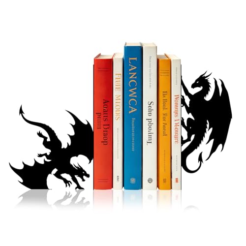 Sanwarm Metal Bookends Dragon Book Ends Decorative Bookend for Home Office Library Desk Book Shelves Decor Gift for Reading Enthusiasts Non-Skid Book Stoppers Holder (Black 1 Pair)