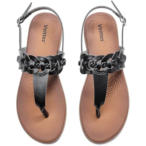 Veittes Women's Flat Slide Sandals - Classic T-strap Ankle Strap Comfort Thong Flat Summer Sandals.(2407006,BK/MF,9.5) Cover