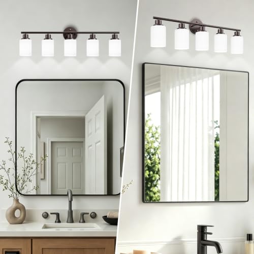 Image of 5-Light Bathroom Light Fixtures, Vanity Lights for Mirror with Textured Milky White Glass Shade, Modern Kitchen Light Fixtures Wall Sconce Light - E26 Base - Oil-Rubbed Bronze