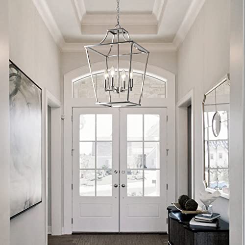 foucasal 4-Light Lantern Pendant Light, Brushed Nickel Hanging Light Fixtures Chandelier with E12 Bulb Base, 12" Adjustable Farmhouse Chandelier Lighting Fixture for Dining Room Kitchen Foyer - Image 7