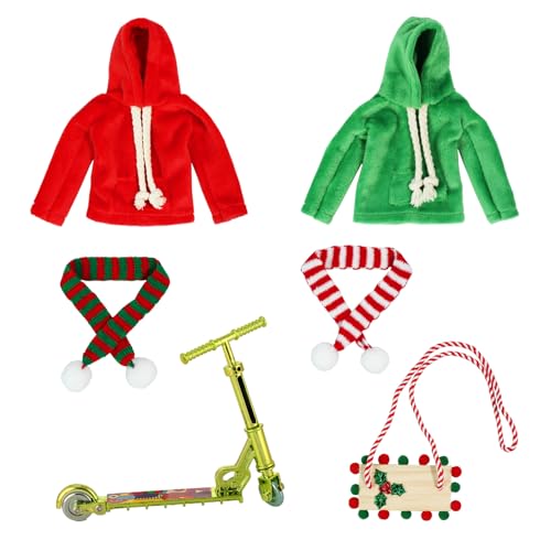 6Pcs Christmas Elf Doll Accessories Set for Boys and Girls Elf Clothes Outfit with Sweatshirt,Scarves,Wooden Swing, Novelty Fun Christmas Elf Accessory for Kids Doll Xmas Decorations