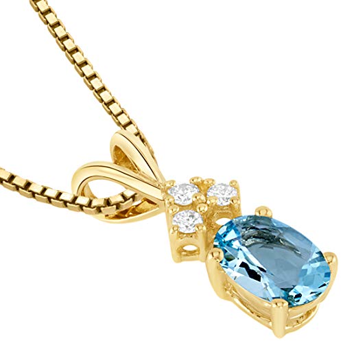 PEORA Solid 14K Yellow Gold Aquamarine and Diamonds Pendant for Women, Genuine Gemstone Solitaire, Oval Shape, 7x5mm, Blue Aquamarine Necklace, March Birthstone Necklace, w/Jewelry Box2