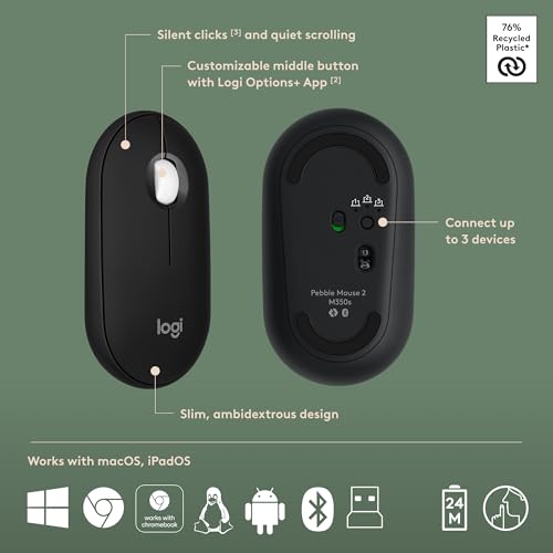 Image of Logitech Pebble 2 Combo, Wireless Keyboard and Mouse, Quiet and Portable, Customizable, Logi Bolt, Bluetooth, Easy-Switch for Windows, macOS, iPadOS, Chrome - Black