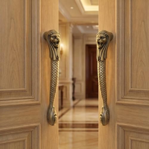 Image of GLOXY Premium Antique 11.5 inch Lion Shaped Main Door Handle with 9.5 inch Hole-to-Hole Spacing - Decorative Push & Pull Aluminium Wooden & Glass Door Handle for Home, Hotel, Banquet Hall & Office - Pack of 1