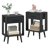 OYRREU Bedside Tables Set of 2, 40X 30 X 60.3cm Black Bedside Table, 2-Tier Small Bed Side Table Bedroom with Drawers and Open Shelf Nightstand Bedside Cabinet for Gift
