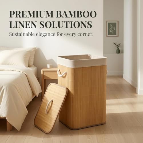 Image of 81L Laundry Basket with Lid, Foldable Bamboo Clothes Hamper, Eco-Friendly Storage Bin for Bedroom, Bathroom & Kids Room (Light Brown, 40x30x60 cm)
