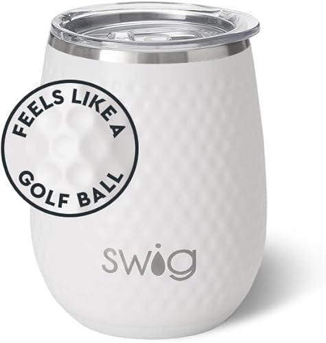 Swig Life Vaso de vino de 14 onzas con tapa, acero inoxidable, apto para lavavajillas, portátil, triple aislamiento, estampado de regalo de golf -