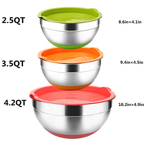Image of Stainless Steel Mixing Bowls with Lids (Set of 3), Non Slip Colorful Silicone Bottom Nesting Storage Bowls by Regiller, Polished Mirror Finish For Healthy Meal Mixing and Prepping 2.5-3.5-4.2QT