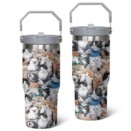 Queen Hero 30 oz Cat Tumbler with Handle, Large Insulated Tumbler with Flip & Straw Coffee Mug Cup Stainless Steel Gifts for Women Men Youth