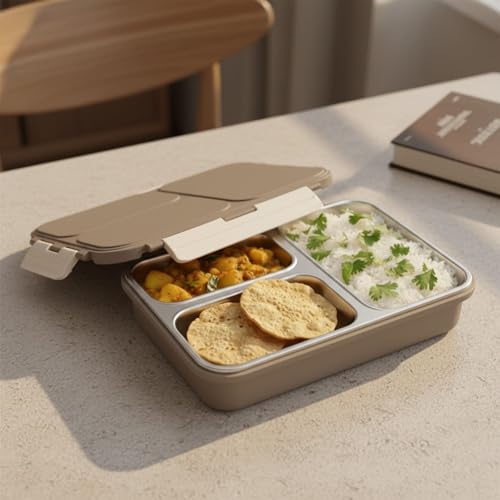 Image of Vinod GO-Tiffin Stainless Steel 3 Compartment Insulated Lunch Box | Grey | Leaf-Proof, Vacuum Sealed & Air Tight | Tiffin Box for Office, Kids & Adults | Freezer Safe | with Safety Lock