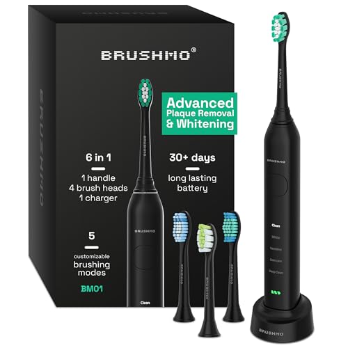 Brushmo Super Sonic Electric Toothbrush with 4 Replacement Heads - Rechargeable Electronic Tooth...