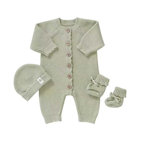 La mejor selección de Prendas de punto para Niño que puedes comprar esta semana. 46 YIXPOH - Suéter de algodón orgánico para bebé de punto con gorro y botines, conjunto de 3 piezas, conjunto de manga larga para niños y niñas, Verde, 6-9Moths