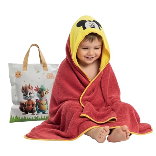 Image of Ultra-Soft Baby Hooded Towel - Coral Velvet Wrap Your Little One in Softness and Joy, Hypoallergenic & Super Absorbent Bath Wrap for Newborns & Toddlers | Cute Animal Design (0-5 Years) (Red & Yellow)