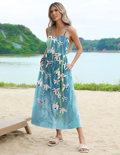 Image of Zeagoo Women's Summer Casual Boho Sundress Spaghetti Strap Square Neck Flowy Midi Dresses A Line Beach Dress with Pockets