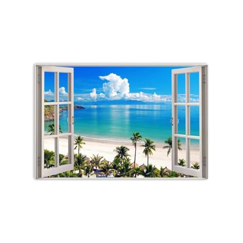 Tableau paysage fausse fenêtre ciel bleu toile nature 70x105 cm
